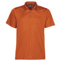 Burnt orange men's performance polo with three-button placket and structured collar, smooth pique knit finish