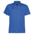 Royal blue men's short sleeve performance polo with three-button placket and flat pique knit panels