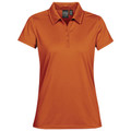 Burnt orange women's performance polo with three-button placket and flat pique fabric on packshot