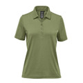 Women's sage green polo shirt with three-button placket, spread collar, and short sleeves — packshot