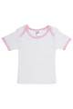 White organic baby t-shirt with pink contrast binding on neckline and sleeves