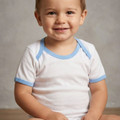 White organic cotton baby t-shirt with sky blue contrast binding on neckline, sleeves and hem