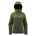 Women's olive green two-tone softshell jacket with structured hood, centre zip and side zip pockets