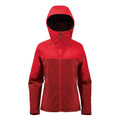 Women's Stormtech shell jacket in scarlet and crimson two-tone panels, full-length zip, structured hood, zip side pockets