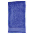 Royal blue terry velour fitness towel with decorative border stripe and soft textured surface