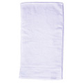 Pale lilac terry velour fitness towel with hemmed edge displayed flat on white background
