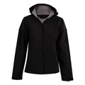 Black Charcoal ASPEN Women's Soft Shell Hooded Jacket, featuring a weather-resistant outer shell, integrated hood for extra protection, and a soft fleece lining with a contoured feminine fit.