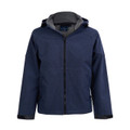 Navy soft shell hooded jacket with grey contrast hood lining and full-length zip closure