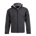 Charcoal grey soft shell hooded jacket with grey hood lining, full-length zip, and sleeve pocket detail