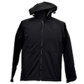 Black soft shell hooded jacket with full-length zip and adjustable hood on white background
