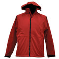 Red soft shell hooded jacket with black contrast lining and full-length zipper