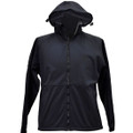 Charcoal grey soft shell hooded jacket with full-length zip and adjustable hood with drawcords