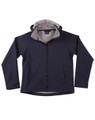 Navy soft shell hooded jacket with grey contrast lining and front pockets