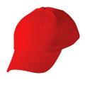 Bright red structured six-panel baseball cap with curved brim and eyelets