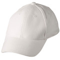 White structured cotton baseball cap with curved brim and six-panel construction