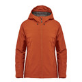 Burnt orange women's technical shell jacket with structured hood, centre-front zip and clean panelled construction