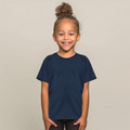 Child wearing a navy raglan short sleeve t-shirt with smooth front panel and contrast sleeve seams