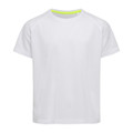 White kids' raglan sleeve crew neck active tee with neon yellow inner collar accent
