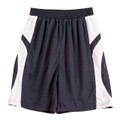 Charcoal basketball shorts with white mesh side panels and contrast angular inserts