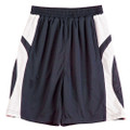 Navy basketball shorts with white mesh side panels and colour-blocked angular inserts