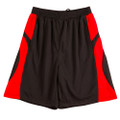 Black basketball shorts with bright red side panels and contrast piping, featuring an elastic waistband and drawcord