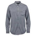 Stormtech men's long sleeve performance shirt in heathered charcoal grey with button placket and chest pocket