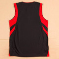 Black singlet with red contrast panels and diagonal inserts at sides