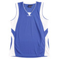 Royal blue and white contrast panel basketball singlet with V-neck and moisture-wicking fabric