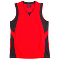 Bright red sleeveless sports singlet with charcoal side panels and contrast v-neck trim