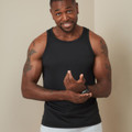 Male model wearing a black sleeveless tank top with round neckline and ribbed hem