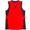 Bright red sleeveless singlet with charcoal contrast side panels and shoulder trim, V-neck detail