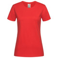 Scarlet red women's crew neck organic cotton tee, fitted silhouette, short sleeves, clean flat chest panel
