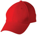 Bright red structured baseball cap with curved brim and six-panel construction