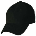 Black structured baseball cap with curved brim and six-panel construction