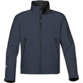 Stormtech navy softshell jacket with stand collar, full-zip front, zippered chest and hand pockets, and sleeve utility pocket