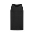 Black men's body-fit singlet with wide scoop neckline and broad armhole openings, flat lay packshot