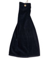 Navy tri-fold golf towel with metal grommet and carabiner hook attachment in terry velour fabric