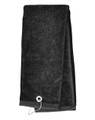 Folded black terry velour golf towel with silver grommet and clip hook at corner