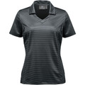 Women's black performance polo with charcoal micro-stripe texture, open V-neck, spread collar, and short sleeves