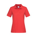 Women's scarlet red short-sleeve polo shirt with flat pique texture, point collar and three-button placket