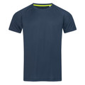 Marina navy raglan-sleeve crew neck active tee with neon yellow collar accent, flat lay packshot