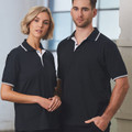 Black polo shirts with white contrast tipping on collar and sleeves