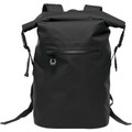 Matte black roll-top waterproof backpack with front zip pocket, side compression straps and branded puller