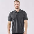 Man wearing charcoal marl short-sleeve polo with three-button placket and subtle heathered texture