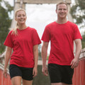 Red crew neck cotton t-shirts with short sleeves shown in unisex fit with smooth flat surface ideal for decoration