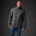 Male model wearing charcoal grey marl Stormtech 3-in-1 jacket with stand collar, zip chest pocket and flap lower pockets