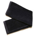 Black cotton terry velour golf towel with beige trim folded to show texture and hemmed edges