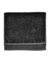 Charcoal grey cotton terry velour golf towel with contrast border stripe laid flat
