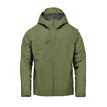 Olive green men's thermal shell jacket with adjustable hood, full-length zip, chest and side zip pockets