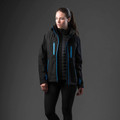 Woman wearing black 3-in-1 system jacket with electric blue zip trim, quilted inner vest and softshell outer layer